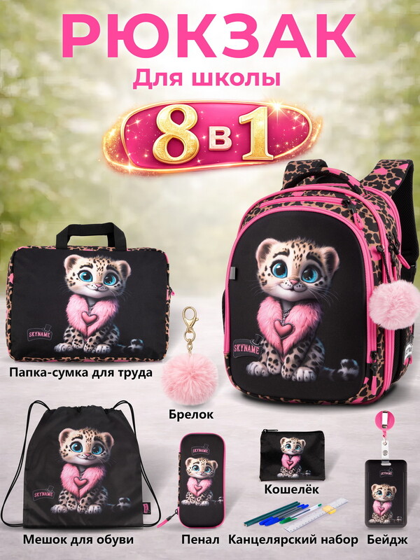 Рюкзак SkyName set-RK-610 + мешок для обуви, папка, пенал, кошелек, бейдж, канц. набр, брелок помпон