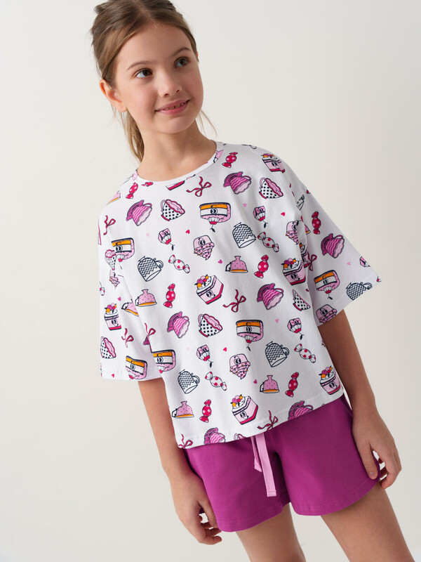 Комплект трикотажный для девочек: фуфайка (футболка), шорты