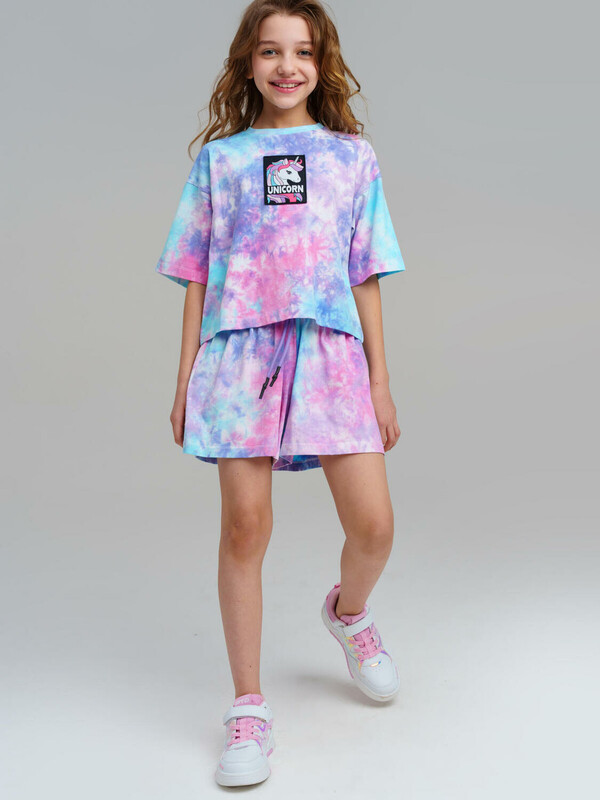 Комплект трикотажный для девочек: фуфайка (футболка), шорты