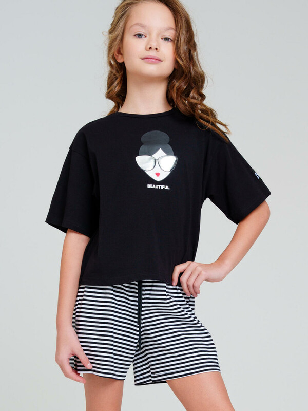 Комплект трикотажный для девочек: фуфайка (футболка), шорты