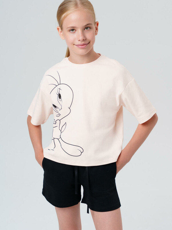 Комплект трикотажный для девочек: фуфайка (футболка), шорты