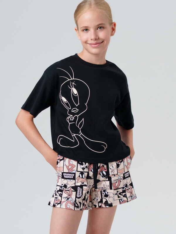 Комплект трикотажный для девочек: фуфайка (футболка), шорты