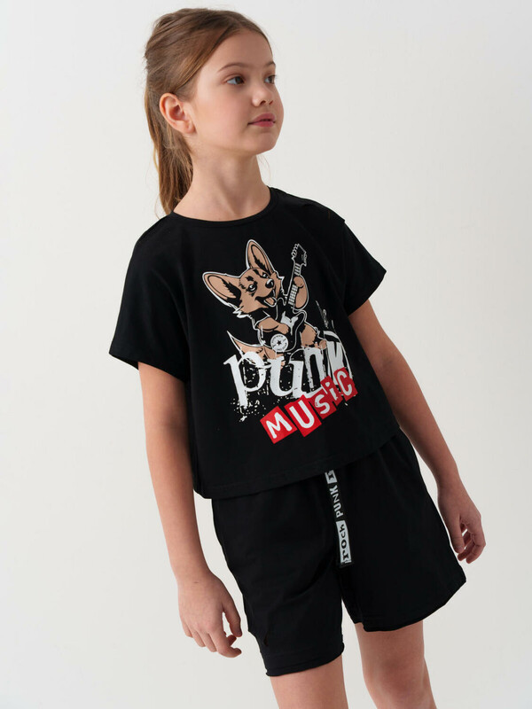 Комплект трикотажный для девочек: фуфайка (футболка), шорты