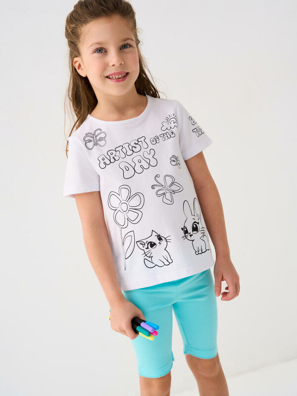 Комплект для девочек: фуфайка трикотажная (футболка), фломастеры для рисования по ткани