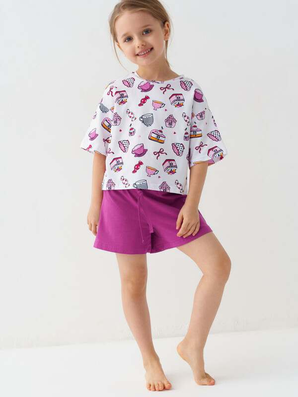 Комплект трикотажный для девочек: фуфайка (футболка), шорты