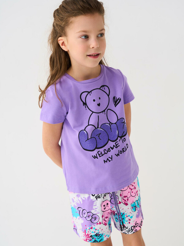 Комплект трикотажный для девочек: фуфайка (футболка), шорты