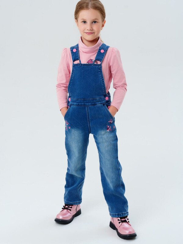 Полукомбинезон текстильный джинсовый утепленный флисом для девочек