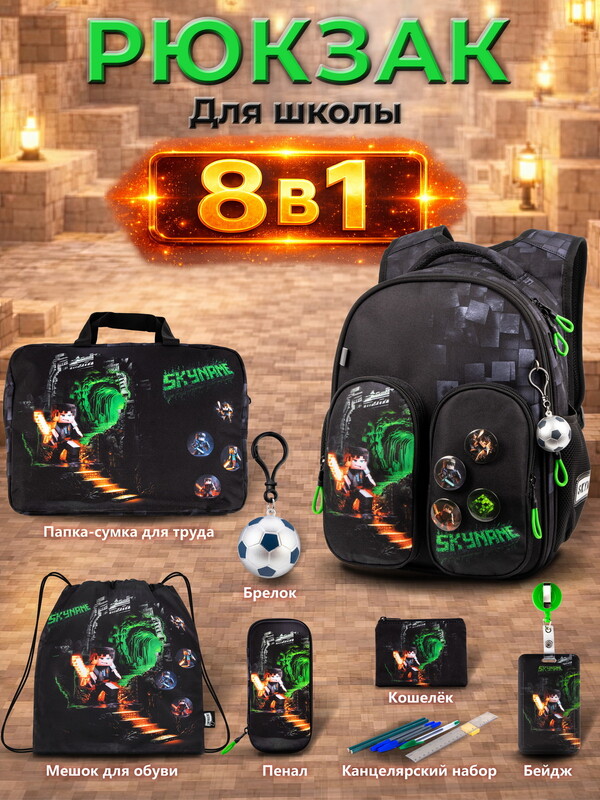Рюкзак SkyName set-R9-2 + мешок для обуви, папка, пенал, кошелек, бейдж, канц.наб, бр. мячик, значки