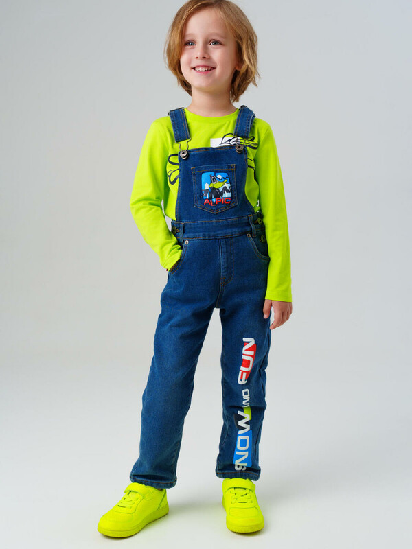 Полукомбинезон текстильный джинсовый утепленный флисом для мальчиков