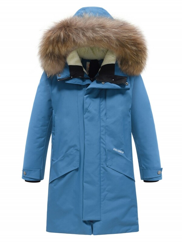 Парка зимняя подростковая для мальчика с капюшоном и мехом синего цвета 9535S