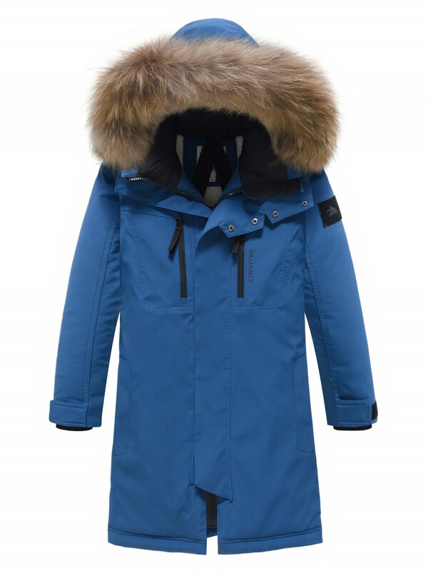 Парка зимняя подростковая для мальчика с капюшоном и мехом синего цвета 9537S