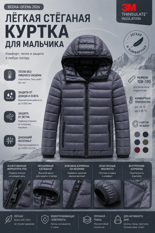 Стёганая куртка для мальчика с капюшоном и утеплителем Тинсулейт темно-серого цвета 9625_3TC