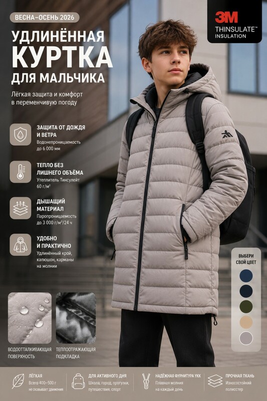 Удлинённая стёганая куртка для мальчика с теплоотражающей подкладкой бежевого цвета 9629_3B