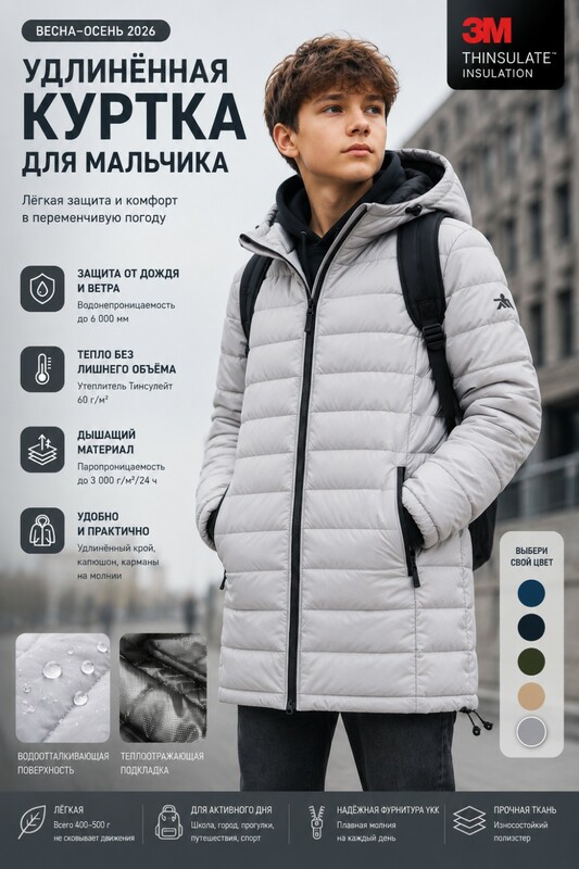 Удлинённая стёганая куртка для мальчика с теплоотражающей подкладкой серого цвета 9629_3Sr