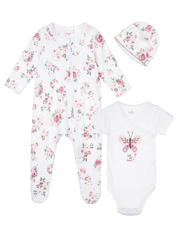 Комплект детский трикотажный для девочек: боди, комбинезон, шапочка