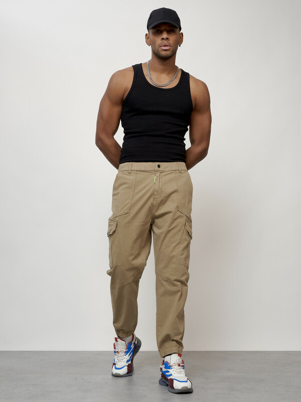 Джинсы карго мужские с накладными карманами бежевого цвета 2422B