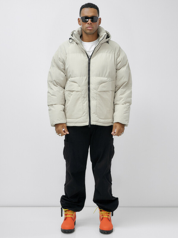 Куртка молодежная мужская зимняя с капюшоном бежевого цвета 25307B