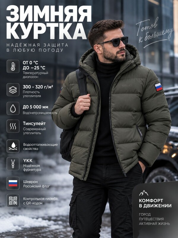 Мужская зимняя стёганая куртка с графеновой подкладкой цвета хаки 9651Kh
