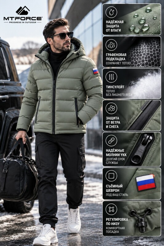 Мужская зимняя стёганая куртка с графеновой подкладкой зеленого цвета 9651Z