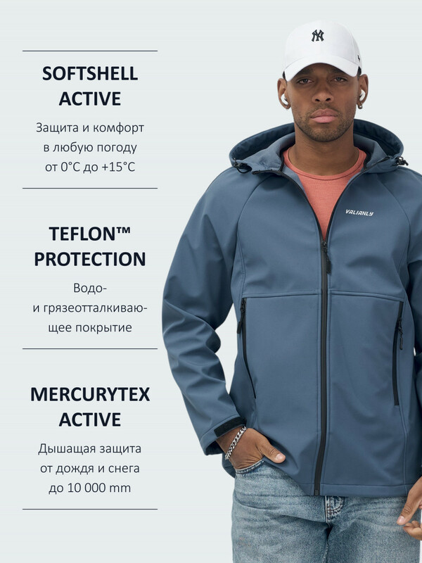 Ветровка спортивная мужская с капюшоном softshell синего цвета 9563S