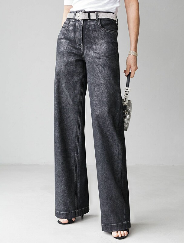 Джинсы трубы из эластичного денима с металлизированным покрытием