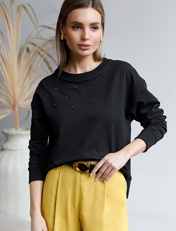 Свитшот из эластичного футера с принтом стразами