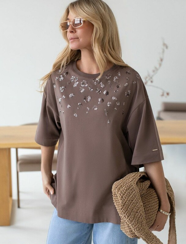 Футболка оверсайз с принтом стразами из премиального хлопка с эластаном