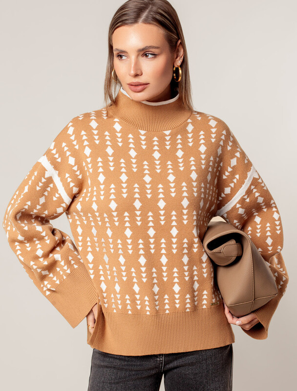 Свитер с боковыми разрезами жаккардовой вязки с кашемиром