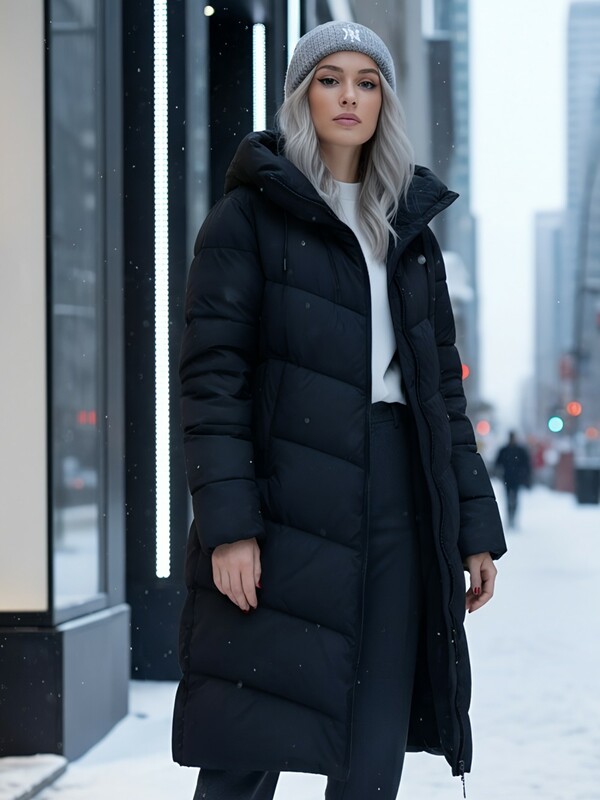 Пальто зимнее утепленное с капюшоном женское черного цвета 1318Ch