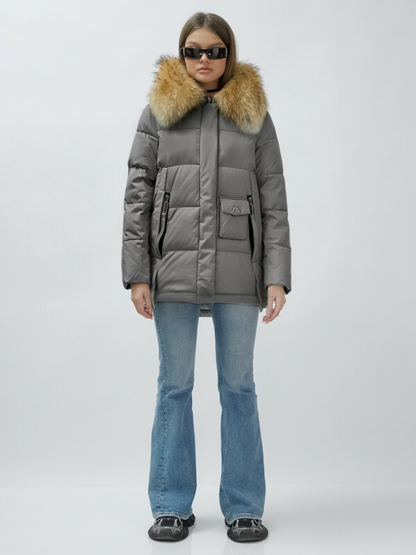 Куртка женская зимняя с мехом енот премиум класса серого цвета 3215Sr