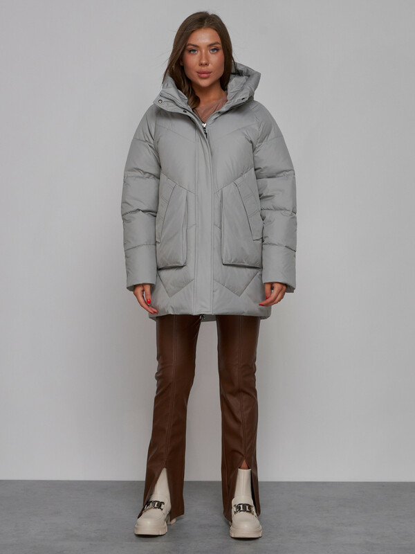 Зимняя женская куртка модная с капюшоном светло-серого цвета 52362SS