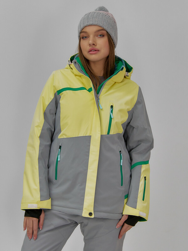 Горнолыжная куртка женская зимняя желтого цвета 709J