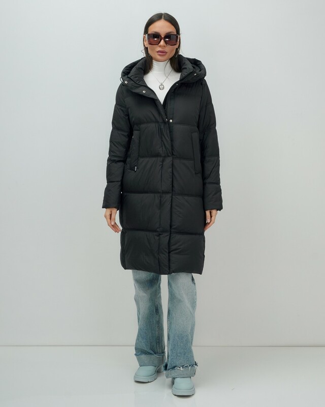 Пальто зимнее утепленное с капюшоном женское черного цвета 7618Ch
