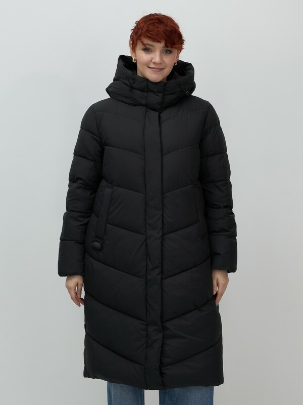 Пальто зимнее утепленное с капюшоном женское черного цвета 7623Ch