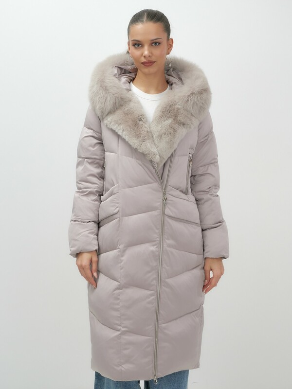 Двубортное пальто зимнее утепленное с мехом и капюшоном светло-коричневого цвета 7626SK