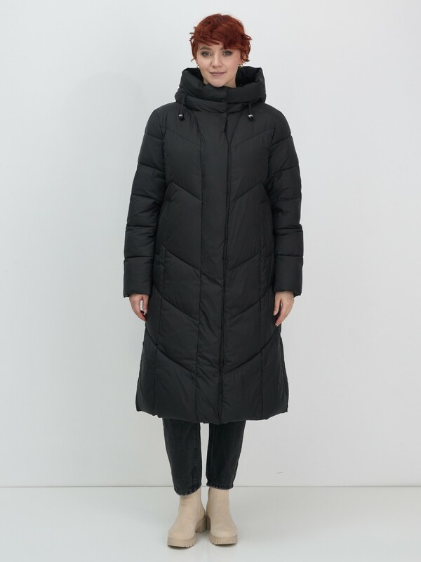 Пальто зимнее утепленное с капюшоном женское черного цвета 7628Ch