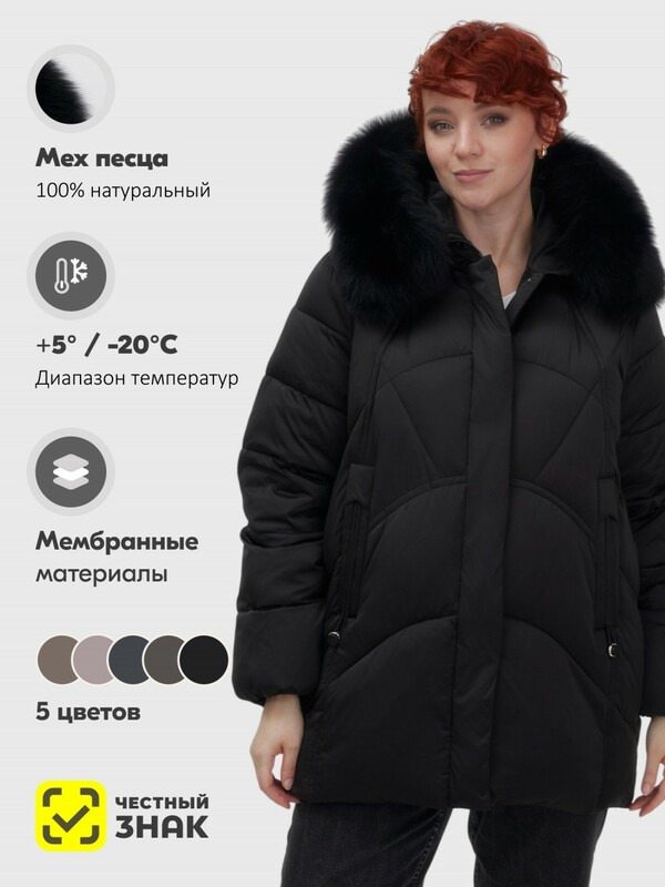 Куртка зимняя женская с мехом и капюшоном тренд черного цвета 7656Ch