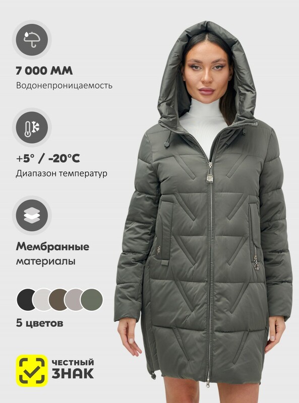 Куртка зимняя женская классическая с капюшоном темно-серого цвета 7671TC