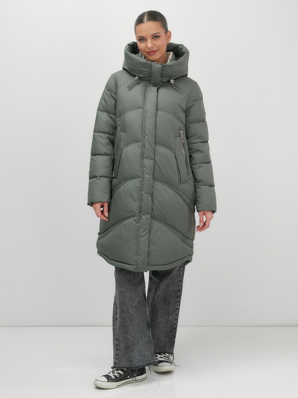 Пальто зимнее утепленное с капюшоном женское цвета хаки 7747Kh
