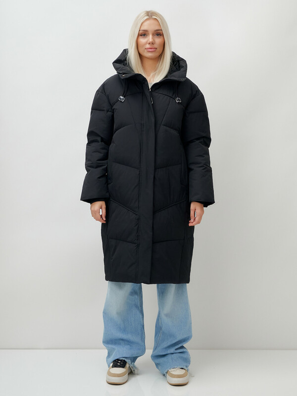 Пальто летучая мышь женское с капюшоном зимнее черного цвета 9616Ch