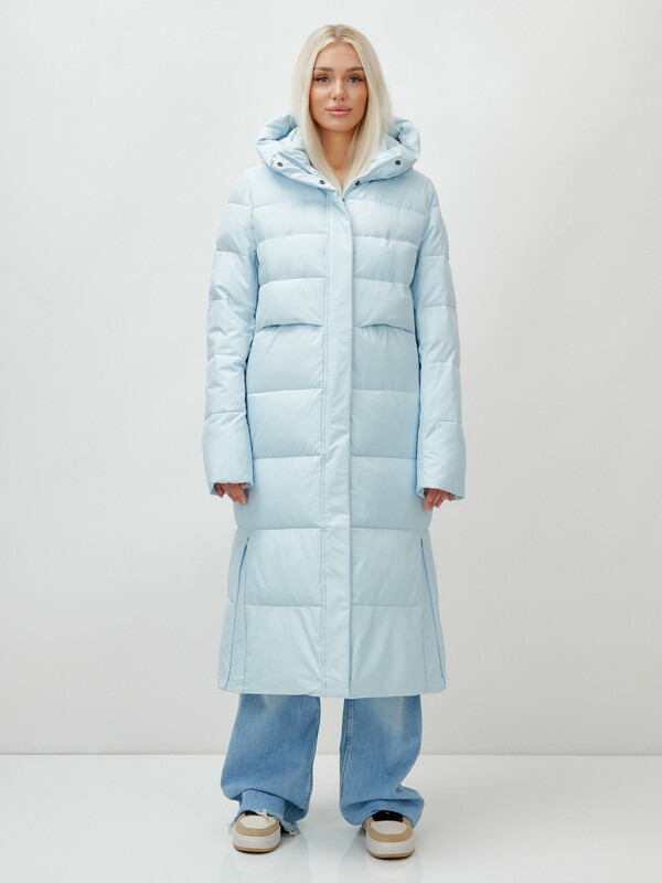 Пальто утепленное стеганное зимнее с капюшоном женское голубого цвета 9620Gl