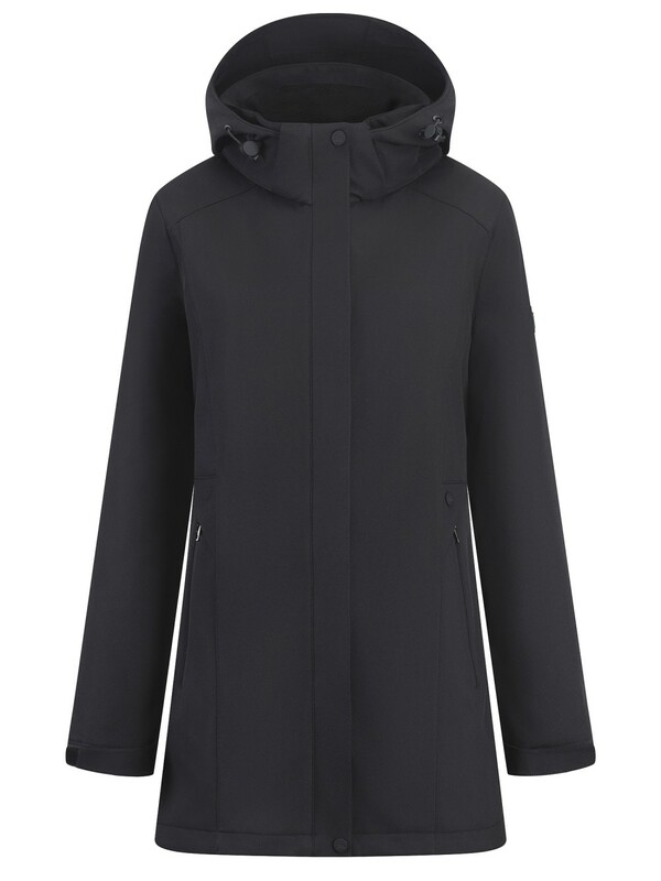 Парка женская софтшелл виндстоппер удлинённая с капюшоном черного цвета 9614_1Ch
