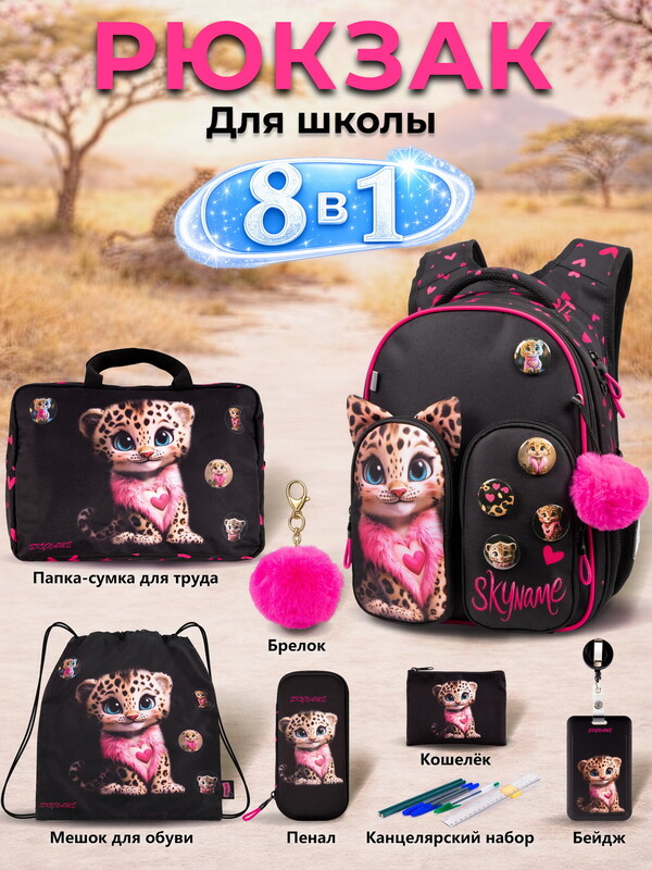 Рюкзак SkyName set-R9-13 + мешок для обуви, папка, пенал, кошелек, бейдж, канц. наб, брелок , значки