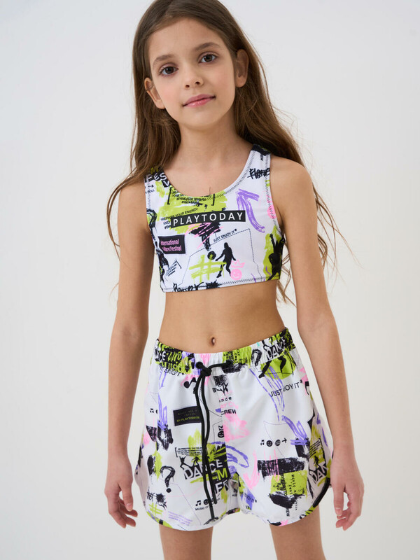 Комплект для девочек: купальный костюм трикотажный, шорты текстильные плавательные