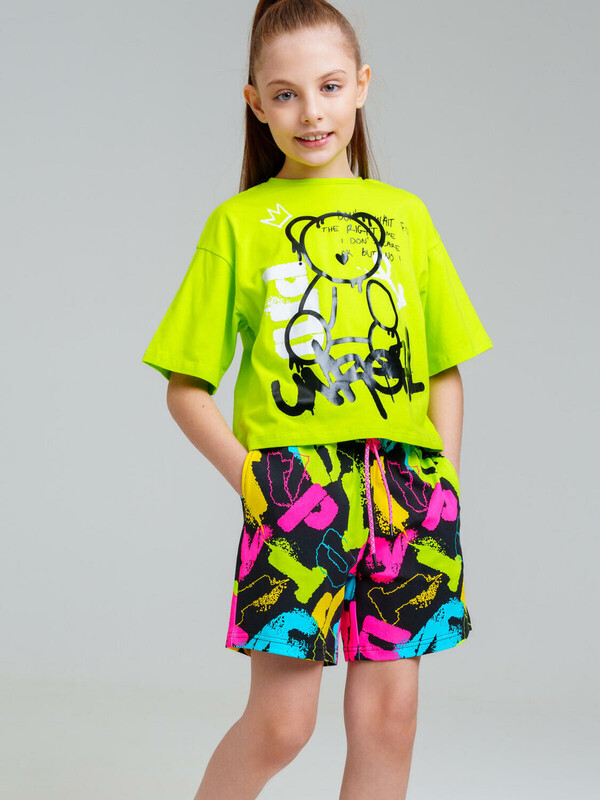 Комплект трикотажный для девочек: фуфайка (футболка), шорты