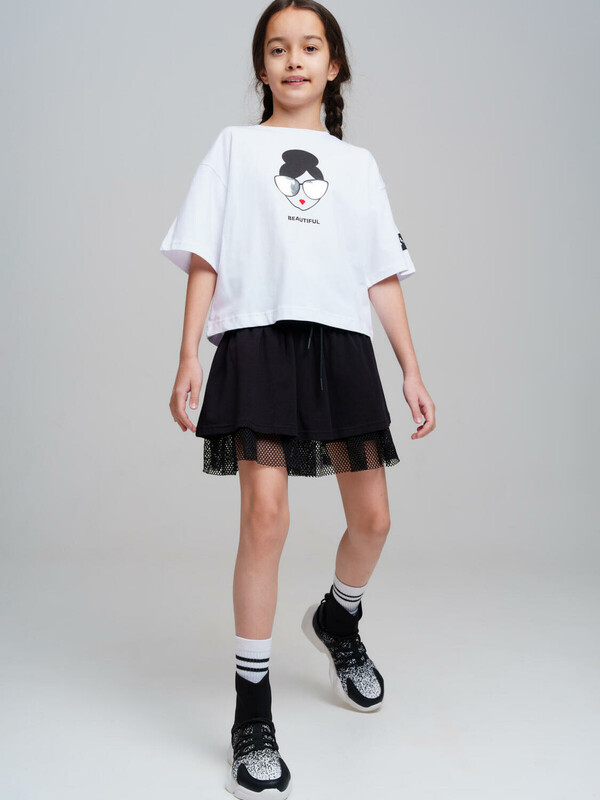 Комплект трикотажный для девочек: фуфайка (футболка), юбка-шорты