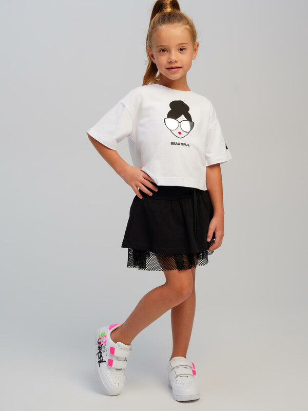 Комплект трикотажный для девочек: фуфайка (футболка), юбка-шорты