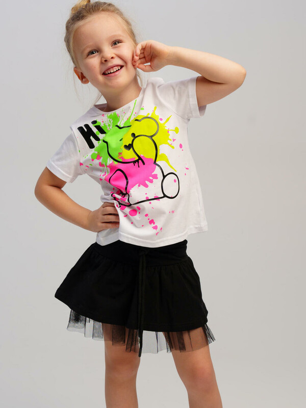 Комплект трикотажный для девочек: фуфайка (футболка), юбка-шорты