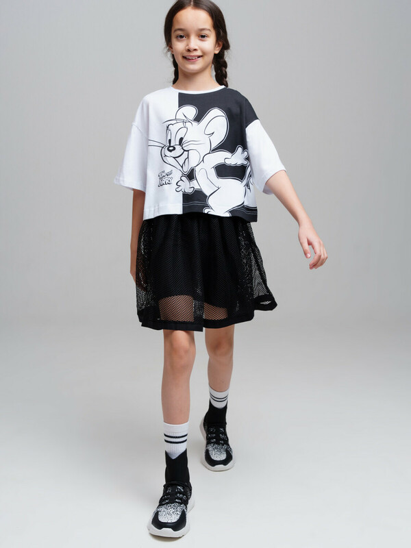 Комплект трикотажный для девочек: фуфайка (футболка), юбка-шорты