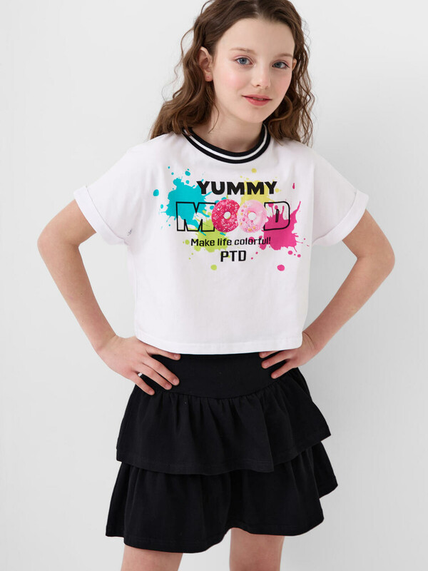 Комплект трикотажный для девочек: джемпер (футболка), юбка-шорты